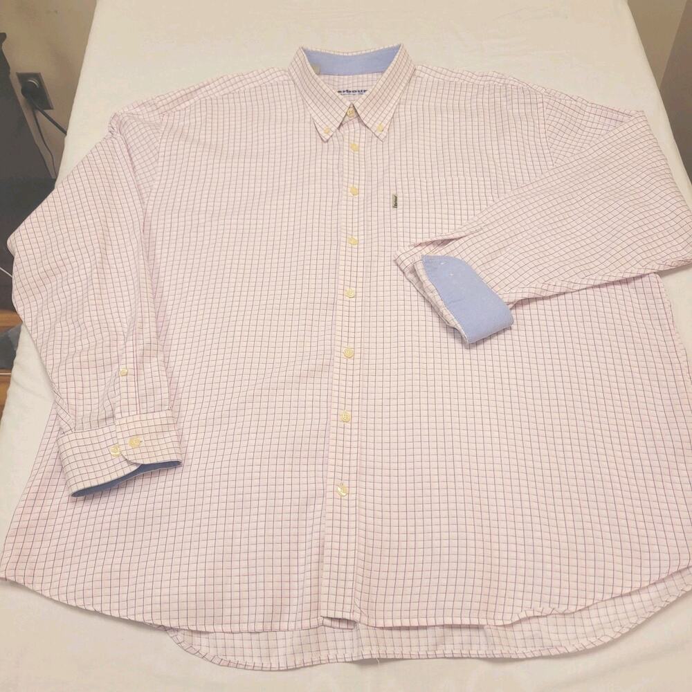 Barbour Shirt Mens XXL Pink Wi Windowpane Plaid Sporting Flip Cuff Career Preppy
